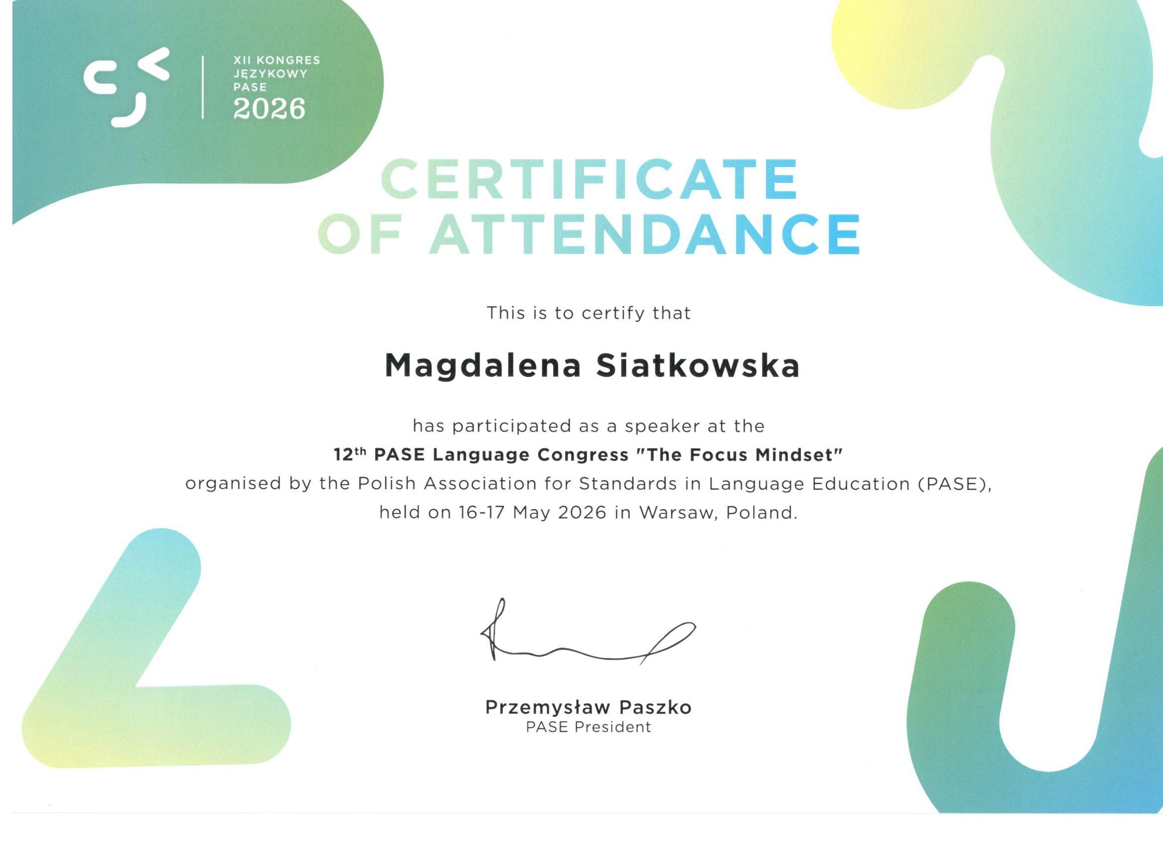 Certyfikat udziału w XII Kongresie Językowym PASE 2026 w roli prelegenta.