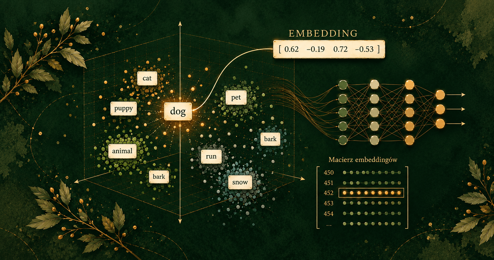 Embedding tokena przedstawiony jako wektor w przestrzeni wektorowej, macierz embeddingów i obliczenia sztucznej sieci neuronowej.